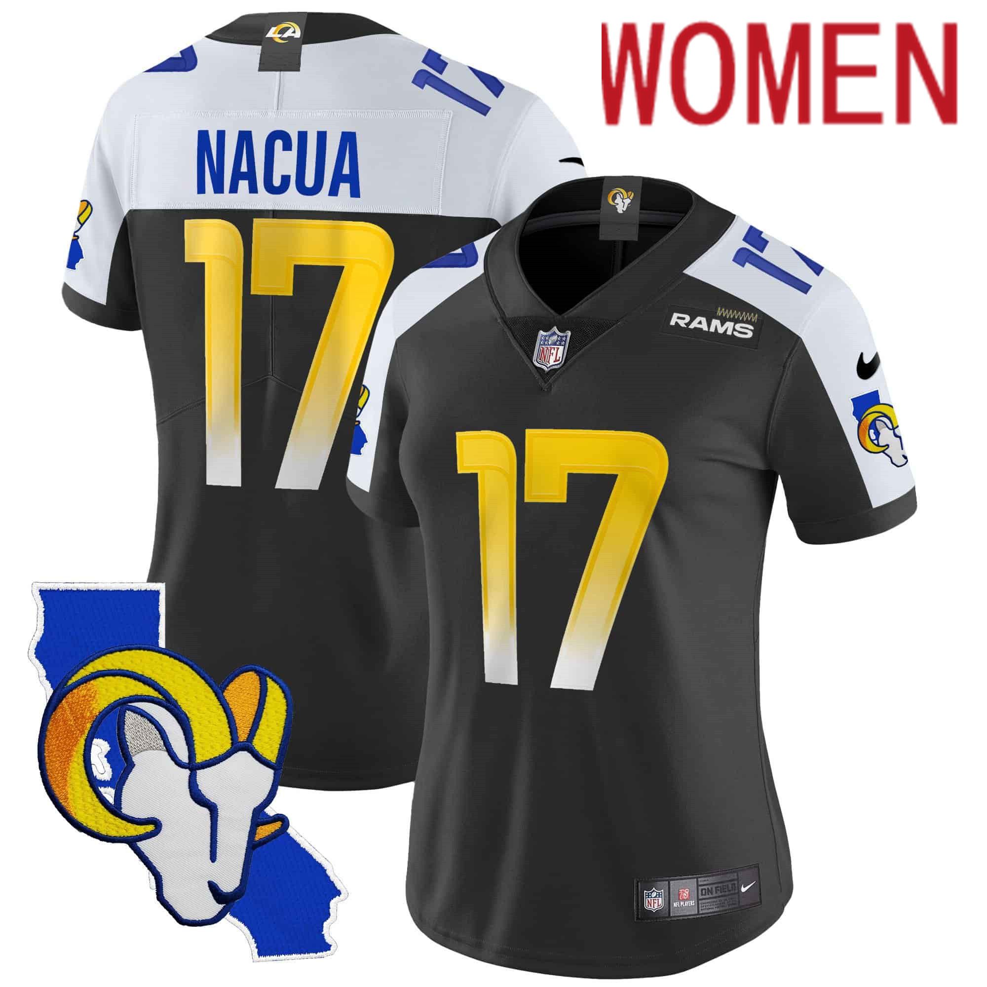 Women Los Angeles Rams 17 Nacua Black 2024 Nike California Patch Vapor Limited NFL Jersey